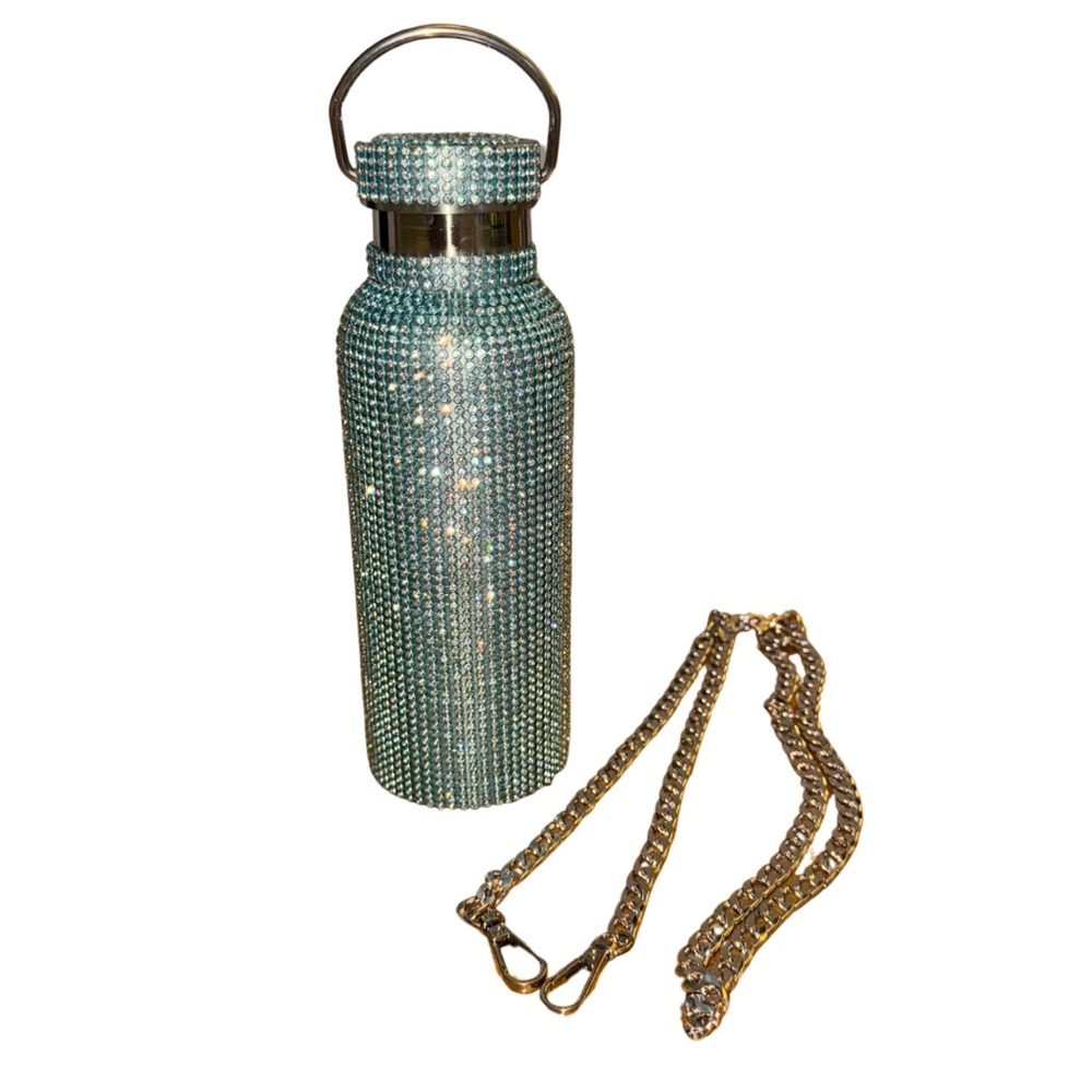 NWOT sparkly teal rhinestone, stainless-steel water bottle with chain strap